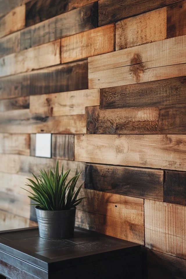 a potted plant sitting on top of a wooden table next to a wall covered in wood planks