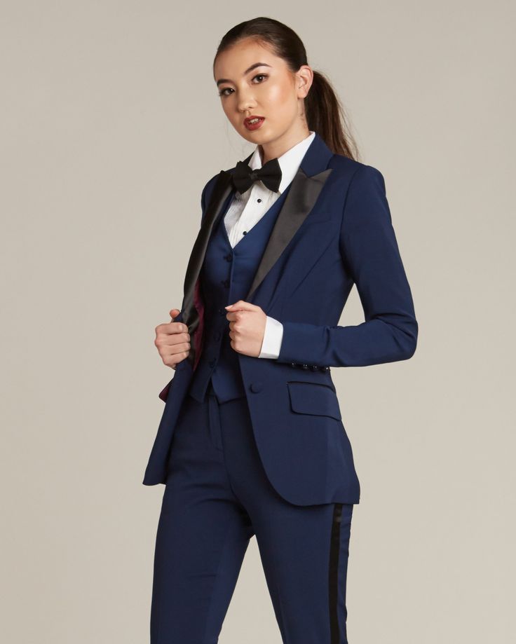 Navy & Black Peak Lapel Tuxedo Jacket - Women’s Tuxedo Suits | girls prom tuxedo | gal tux | Wedding Party, Bridesmaids Girl Tuxedo, Peak Lapel Tuxedo, Royal Navy Blue, Navy Tuxedos, Women Suits Wedding, Tuxedo Women, Blue Tuxedos, Look Formal, Black Tux