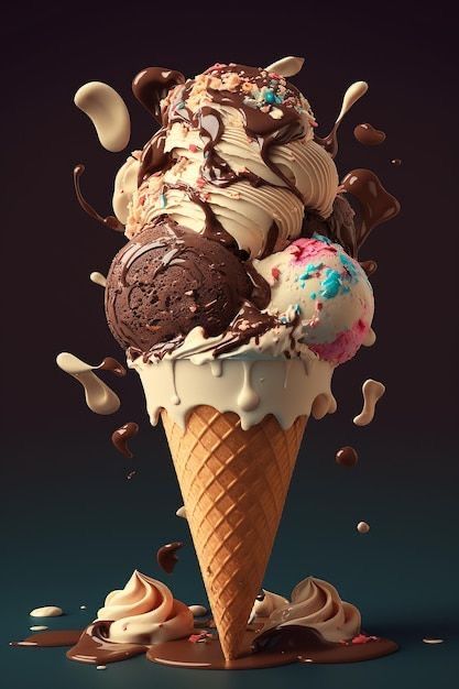 an ice cream cone with chocolate, vanilla and sprinkles