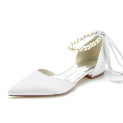 Pearl Ankle Strap Satin Flats Pointed Toe D'orsay Shoes for Work Party Cream Closed Toe Flats, White Closed Toe Pointed Flats For Party, White Closed Toe Flats For Party, Elegant White Open Toe Flats, White Open Toe Formal Flats, Elegant Cream Flats For Party, Formal White Open Toe Flats, Cream Flat Heel Wedding Shoes For Party, Cream Flat Heel Wedding Shoes