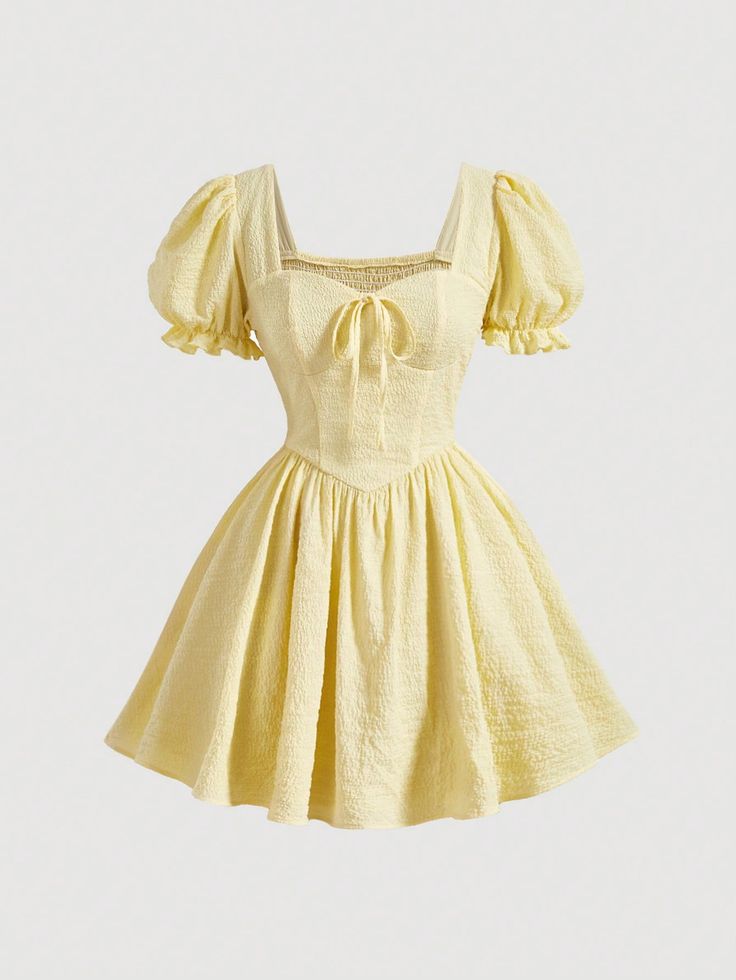 Yellow Elegant Collar Short Sleeve Woven Fabric Plain Fit and Flare Embellished Non-Stretch Summer Women Clothing Daisy Costume, Short Yellow Dress, Knot Front Dress, Front Knot Dress, Yellow Clothes, Fashion Design Patterns, Yellow Short, Everyday Fashion Outfits, Sweetheart Neck