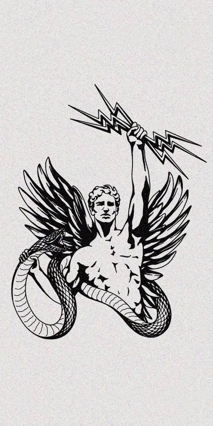 a drawing of a man with wings holding a snake