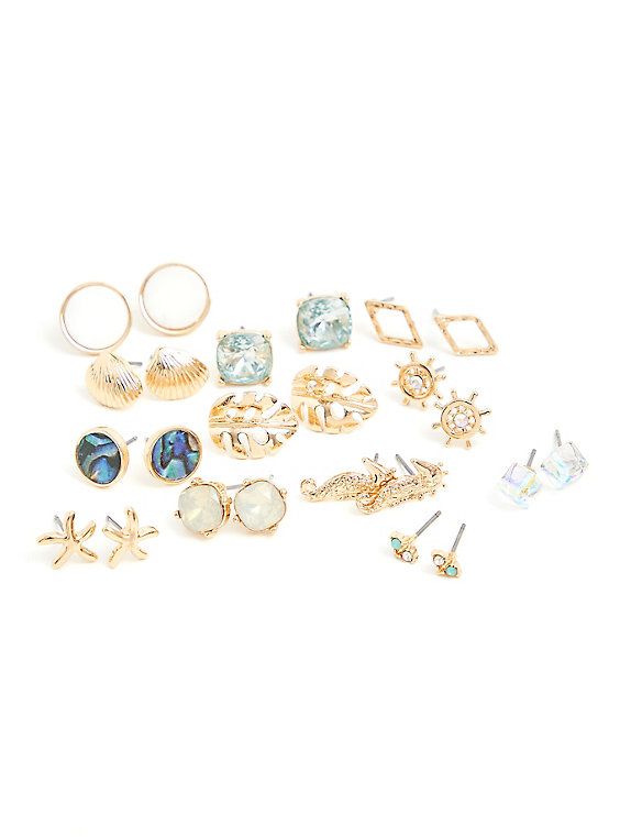 It's the little details that count! Add any of these beachy gold-tone earrings to your look for a shimmery touch. Set of 12. Post backs. Base metals. Imported . The best plus size women's gold-tone seashell earrings set - of 12 sets in turquoise. Floral Statement Necklace, Seashell Earrings, Layered Necklace Set, Circle Pendant Necklace, Enamel Ring, Faux Stone, Stud Earrings Set, Floral Earrings, Circle Pendant