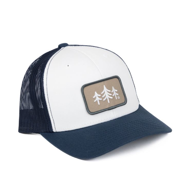 TriPine Patch Trucker Hat#color_White/ Navy/ Navy Hat Collection, Coastal Blue, Patch Design, Black Steel, Black Charcoal, The Outdoors, Running Errands, Black And Navy, Cotton Twill