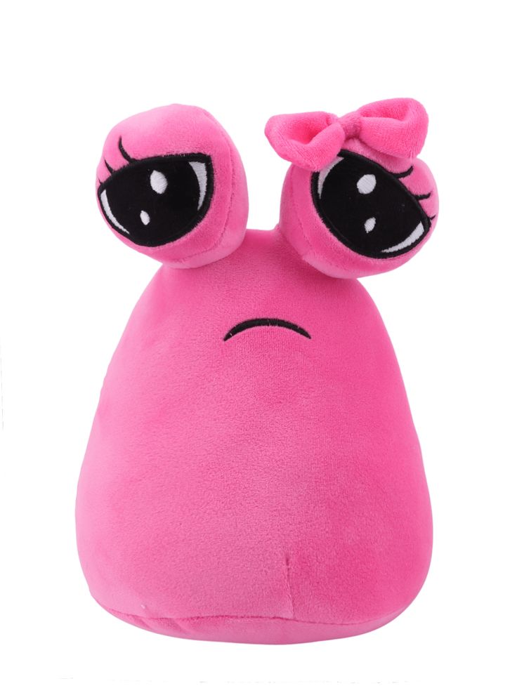 a pink stuffed animal with big eyes and a bow