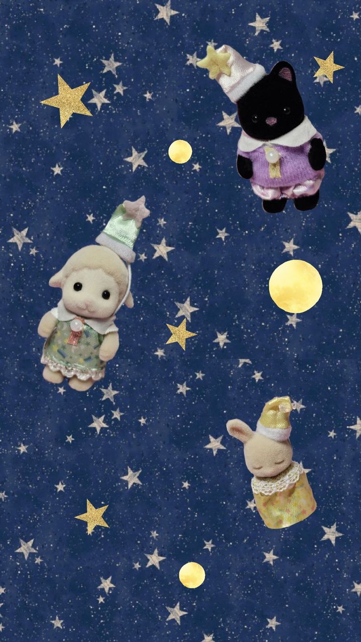 three teddy bears are flying through the sky with stars and moon in the background, one is wearing a party hat