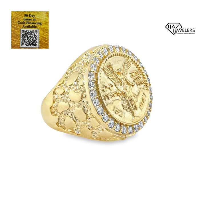 10K Gold CZ Replica Centenario Ring Available With These Specifications: Metal: 10K Gold Color: Yellow Weight: 12.3 Grams Stones: Cubic Zirconia SZ: 11 (Resizing Available) 10k Gold, Gold Color, Cubic Zirconia, Ring, Stone, Yellow, Gold, Color