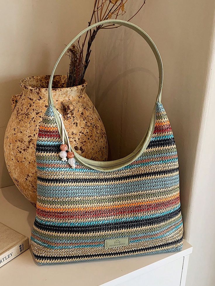 Fashionable Casual Colorful Stripe Woven Women's Shoulder Bag Multicolor Vacation   Polyester Striped Hobo Bag   Women Bags, size features are:Bust: ,Length: ,Sleeve Length: Crochet Green, Summer Fashion Beach, Commuter Bag, Boho Bag, Summer Crochet, Kids Sleepwear, Green Sweater, Bag Women, Hobo Bag