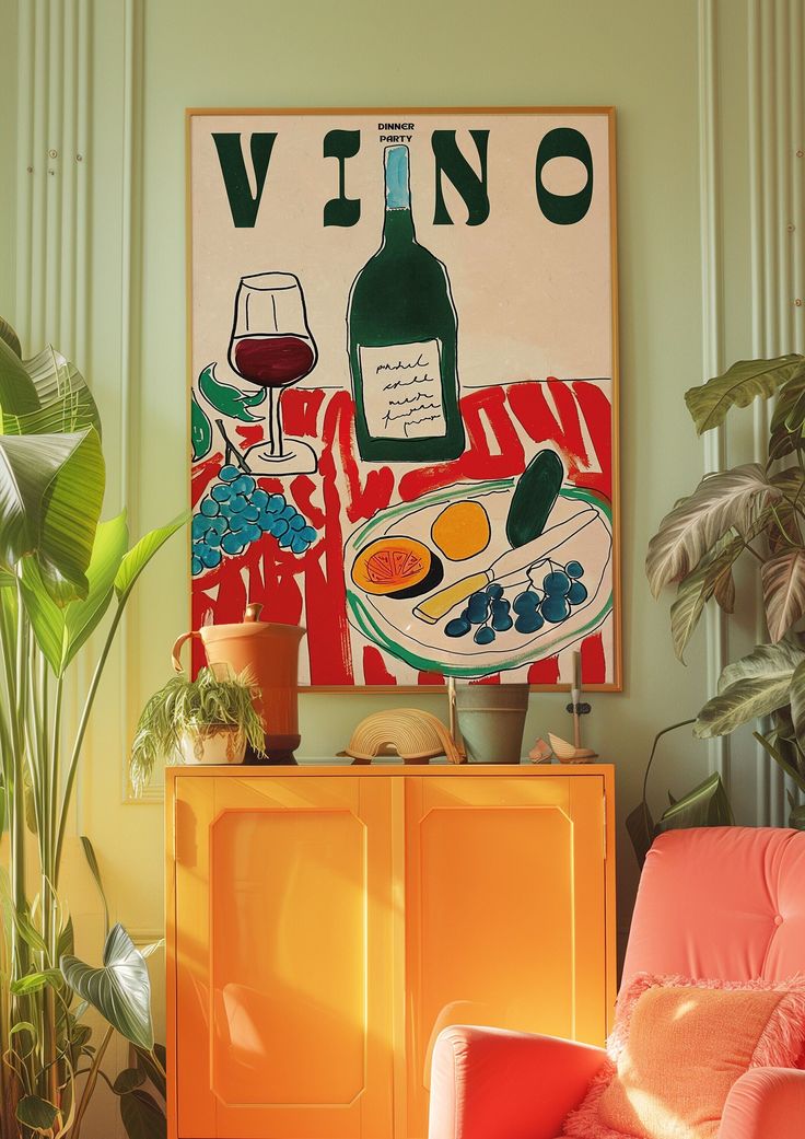 an orange chair sits in front of a poster with wine and food on the table