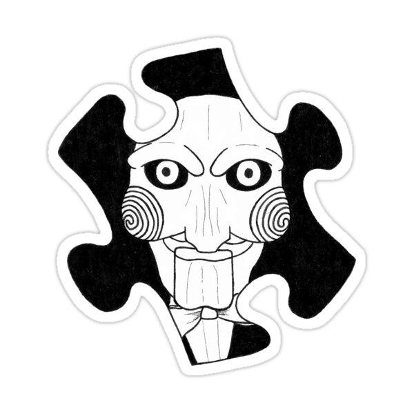 a black and white drawing of a clown's face with an evil look on its face