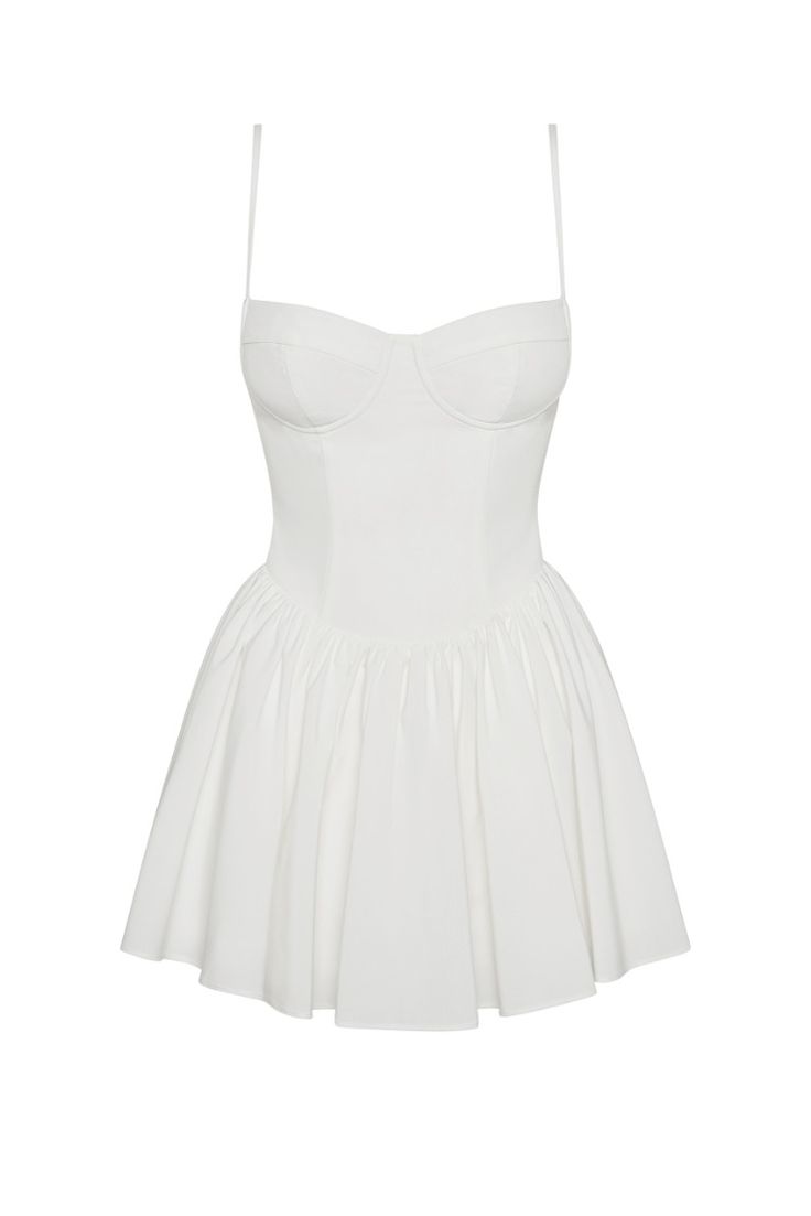 Discover the epitome of femininity in our Bellini Bustier Mini Dress. This classic, white mini dress is complimented with wire bustier cups, side pockets and cinching waistline which effortless skims down the body to a flared skirt hemline. The mini length makes it a fun and flirty dress perfect for any summer occasion! White Ruched Corset Dress For Cocktail, White A-line Ruched Mini Dress, Fitted Corset Dress With Ruched Bodice, Mini Length, Fitted Corset Dress With Pleated Bodice, White Corset Mini Dress With Fitted Bodice, Chic White Fit And Flare Corset Dress, Classic Mini Dress With Fitted Bodice For Summer, Classic Summer Mini Dress With Fitted Bodice, Classic White Fitted Mini Dress