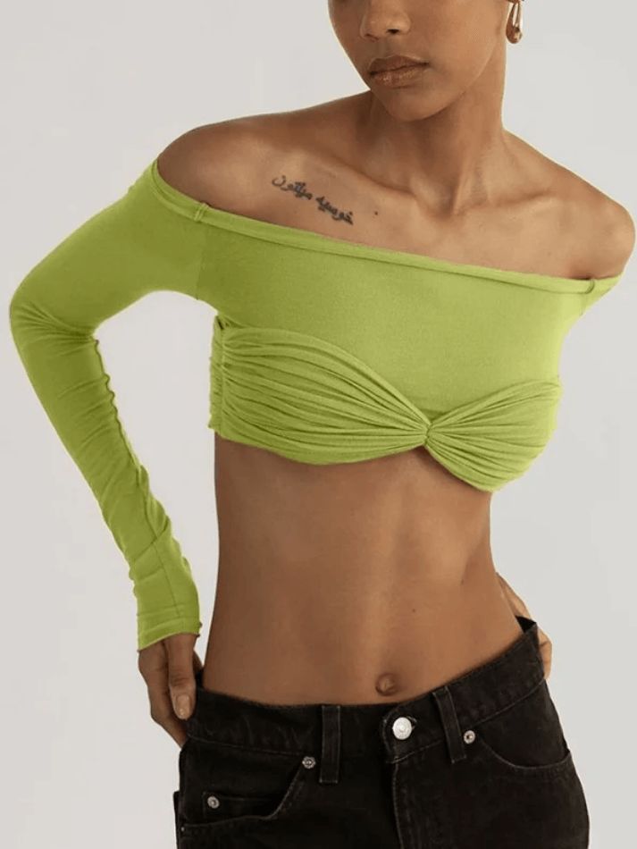 ⚡️Free Shipping 2023 Ruched Off Shoulder Long Sleeve Crop Top Black S under $24.00 in Tops&Tees at AnotherChill.com Online. Style: Street/Sweet/Y2K/Sexy/Punk/Grunge. Fabric Content: Polyester Blend. Fit Type: Slim fit. Neckline: Off the Shoulder. Sleeve Length: Long Sleeve. : Stand out with these sexy long sleeve tops for parties, holiday seasons or date night out vibes. It has a super cropped length, made from lightweight semi-sheer polyester blend fabric, and features paneled ruched detail on Green Stretch Tops For Night Out, Green Crop Top For Night Out, Green Tops For A Night Out In Spring, Green Fitted Crop Top, Night Out Vibes, Black Long Sleeve Crop Top, Striped Long Sleeve Tee, Punk Grunge, Long Sleeve Crop