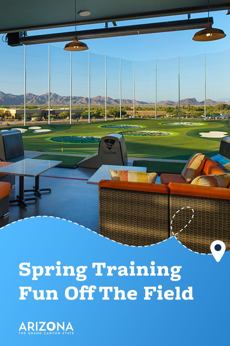 a golf course with chairs and tables in the foreground is featured on an ad for arizona's spring training fun off the field