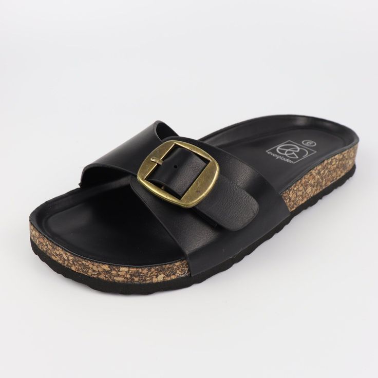 Single band footbed slide sandal with an adjustable buckle. Medium width. True to size. Flat Slippers, Flat Slipper, Slide Sandals, Slippers, Buckle, Band, Sandals, Quick Saves, Black