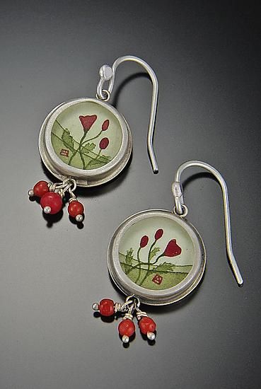 Round Poppy Earrings by Ananda Khalsa. A bright burst of red color wonderfully contrasts sterling silver in both the hand-painted acrylic image and coral beads of these enticing earrings. Unique Red Jewelry With Artistic Design, Red Hand-painted Dangle Earrings, Red Hand Painted Dangle Earrings, Red Hand Painted Drop Earrings, Artistic Red Drop Earrings, Unique Red Earrings With Artistic Design, Unique Artistic Red Earrings, Red Artistic Drop Earrings, Artsy Red Nickel-free Earrings