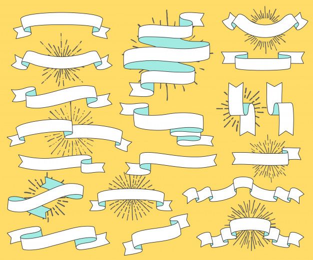 a set of hand drawn ribbons and banners with sunbursts on yellow background