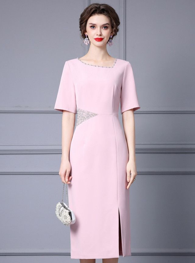 Pink Beading Split Mother Of The Bride Dress Feminine Knee-length Evening Dress, Elegant Short Sleeve Embellished Midi Dress, Formal Embellished Sheath Midi Dress, Elegant Embellished Sheath Midi Dress, Elegant Pink Midi-length Evening Dress, Formal Embellished Pink Dress, Pink Embellished Midi Dress, Pink Embellished Midi Dress For Wedding, Elegant Short Sleeve Evening Dress