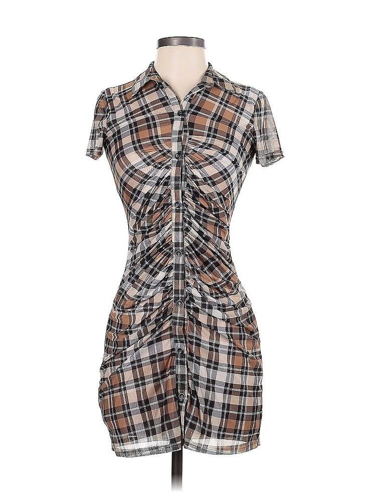 SELF E Casual Dress Size: X-Small Brown Dresses - used. 94% POLYESTER, 6% SPANDEX, Shirtdress, Collared, Plaid, Short, Short Sleeve | SELF E Casual Dress - Shirtdress: Brown Plaid Dresses - Used - Size X-Small Casual Fitted Knee-length Shirt Dress, Casual Ruched Plaid Dresses, Casual Plaid Ruched Dress, Fitted Short Sleeve Shirt Dress For Fall, Collared Plaid Fitted Dress, Spring Fitted Plaid Shirt Dress, Fitted Plaid Shirt Dress For Spring, Summer Fitted Ruched Shirt Dress, Plaid Short Sleeve Shirt Dress For Summer