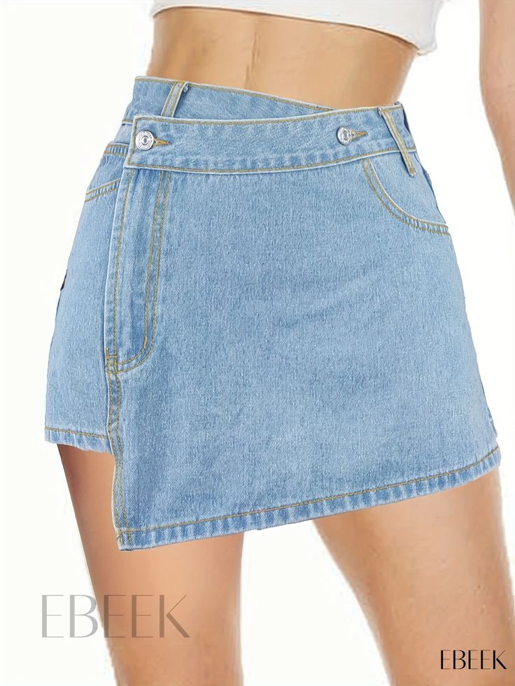 Ebeek - Womens High-Waisted Blue Asymmetrical Denim Skort with Slim Fit, Slash Pockets, and Layered Waist Closure - Stylish Denim Jeans and Apparel Denim Skort, Denim Jeans, Spring Summer, Slim Fit, Solid Color, High Waisted, Blue