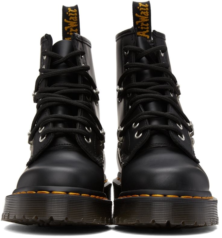 Ankle-high buffed leather boots in black featuring stud detailing throughout. · Logo-woven pull loop at heel collar · Signature topstitching in yellow at welt · Signature treaded rubber Air Cushion platform sole in black · Platform: H1.5 in Supplier color: Black Dr Martens Black, Studded Boots, Black Platform, Dr. Martens Boots, Dr. Martens, Luxury Streetwear, Black N Yellow, Leather Boots, Hiking Boots