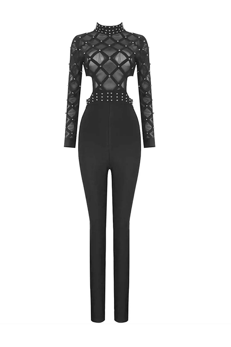 Achieve a stunning and seductive look with the Carr Black Beaded Cut Out Jumpsuit. This figure-hugging jumpsuit features a unique cut-out design adorned with exquisite white beads. The sheer long sleeves and stretchy fabric enhance the silhouette, ensuring a perfect fit. Embrace elegance and allure with this captivating black jumpsuit.  Length: Approx 112cm Materials: Bandage Gentle Dry Clean Only  The model is 5 ft 7 and wears size S  Color may vary due to lighting on images. The product images (without a model) are closest to the true color of the product.  Item runs true to size chart and is cut to suit our size chart. Please refer to our size chart for the best fit. Do not size up or down. Silver Sequin Top, Glitter Wedding Dress, Bandage Midi Dress, Floral Shirt Dress, Puff Sleeve Dresses, Maxi Knit Dress, Cut Out Design, Sequin Top, Ruched Dress