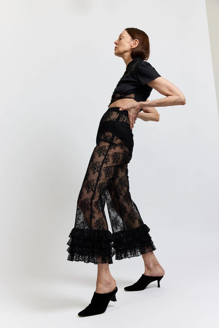 In need of the perfect post-beach dinner pants? Keep it cool with the Ruffle Pant in Black Lace from Batsheva. These NYC made pants are perfect for that summer beach vacay. Chic Bottoms For Summer Evenings, Chic Summer Evening Bottoms, Chic Evening Bottoms For Summer, Summer Evening High-waisted Wide Leg Pants, Ruffled Wide Leg Pants For Evening, Wide Leg Ruffled Pants For Evening, Evening Wide Leg Ruffled Pants, Evening Wide Leg Pants With Ruffles, Wide Leg Pants For Evening In Summer