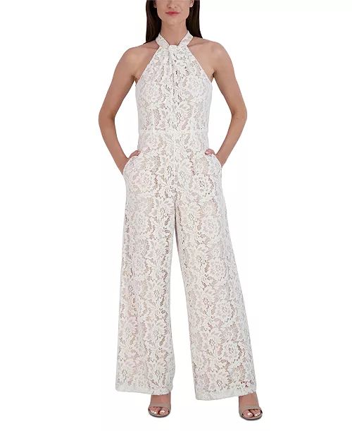 julia jordan - Women's Lace Twist-Neck Wide-Leg Jumpsuit Elegant Lace Jumpsuits And Rompers For Spring, Elegant Fitted Beige Jumpsuits And Rompers, Lace Jumpsuits And Rompers For Wedding, Elegant Cream Jumpsuits And Rompers For Party, Elegant Cream Jumpsuit For Party, Formal Fitted Beige Jumpsuit, Fitted Cream Jumpsuits And Rompers For Party, Beige Jumpsuits And Rompers For Evening, Cream Jumpsuits And Rompers For Spring Party