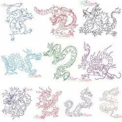 six different colored dragon designs on white paper