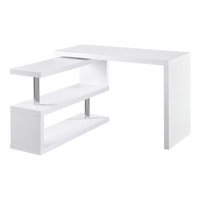 a white desk with two shelves on the top and one shelf below it, against a white background