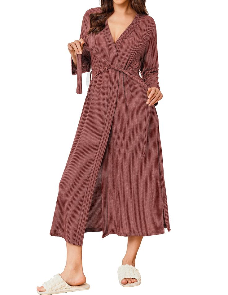 PRICES MAY VARY. SUPER SOFT WAFFLE ROBE: No fading, No lint. The fabric is skin-friendly, breathable, and lightweight. Our kimono robe offers unrivaled comfort and warmth along with waffle material. So it makes for absolutely perfect nightwear. LONG DESIGN: Women's elegant robes with 4/5 sleeves and mid-calf length feature slits on both sides to beautifully fall around the shank to give them a sexy appeal. And plus it has side pockets to keep your body warm during a cool day. VERSATILE UTILITY R