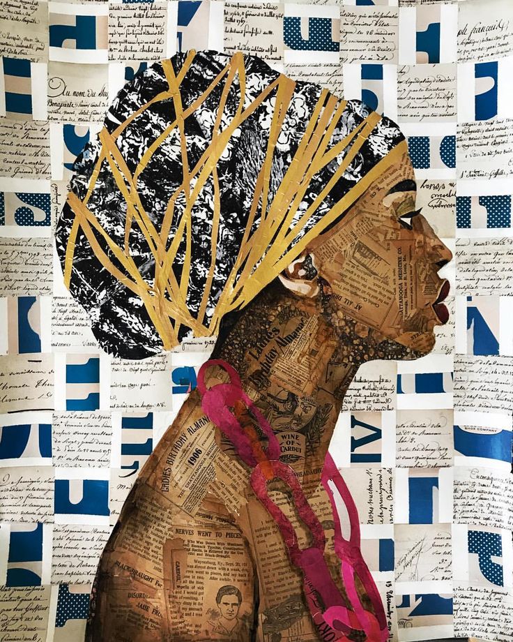 an altered collage of a woman's head with newspaper strips on the top