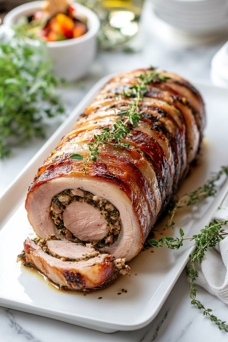 sliced ham on a white platter with herbs