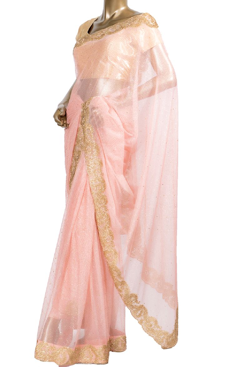 This elegant blush pink Saree sparkles under the lights! Featuring a shimmer net fabric and a zari and stone embroidery border, its a very versatile outfit for all occasions!Fabric: Shimmer NetEmbroidery: Zari, Stone Pink Embellished Pre-draped Saree For Festivals, Embellished Pink Pre-draped Saree For Festivals, Pink Embellished Pre-draped Saree For Diwali, Glamorous Sheer Dupatta Saree In Tissue Silk, Traditional Pink Embellished Pre-draped Saree, Glamorous Traditional Wear With Zari Work, Elegant Pink Net Lehenga, Embellished Pink Chanderi Traditional Wear, Glamorous Tissue Silk Saree With Zari Work