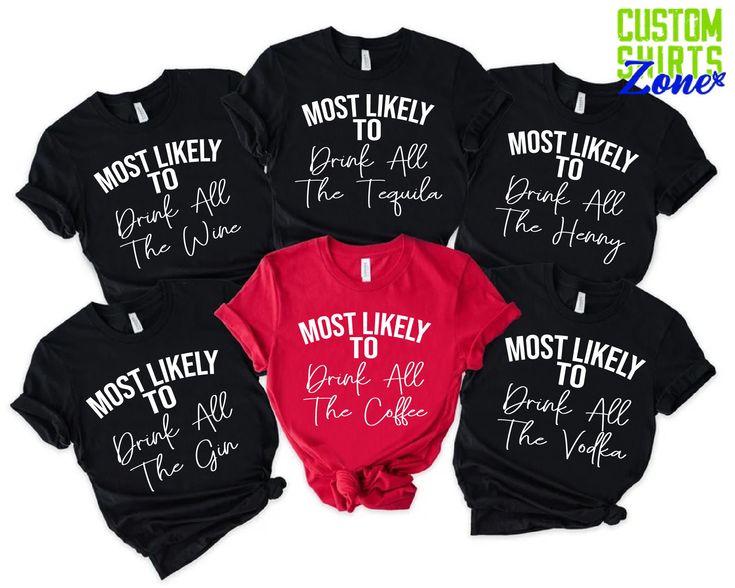 six shirts that say most likely to the mother and daughter in white ink on black