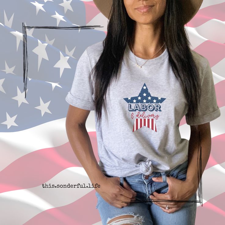 "Introducing the perfect t-shirt for all proud labor and delivery professionals out there! Our Patriotic T-shirt with a bold star in red, white, and blue is not only a stylish addition to your wardrobe but also a great way to show your patriotism. Featuring the words \"Labor & Delivery\" in bold lettering, this t-shirt is perfect for wearing to work or on holidays. Made from high-quality materials, our t-shirt is not only comfortable to wear but also durable, ensuring it can withstand the rigors American Style Relaxed Fit Shirt For Labor Day, Short Sleeve Shirt With American Flag For Labor Day, Short Sleeve American Flag Shirt For Labor Day, Labor Day Relaxed Fit Letter Print T-shirt, Labor Day Flag Print Crew Neck T-shirt, Labor Day American Flag Crew Neck Shirt, American Flag Crew Neck T-shirt For Labor Day, Relaxed Fit Shirt With Flag Print For Labor Day, American Relaxed Fit Patriotic T-shirt