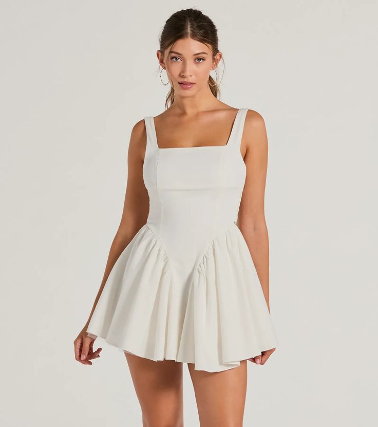 Arrive like the stunning sweetie you are in this short skater dress as the bride-to-be, graduate, or birthday girlie! This dress features a square neckline and shoulder straps, with an attention-grabbing open back and statement bow detail. The drop waist skater silhouette is flattering, and the short-length hem is perfect for showing off your legs. Complete the look in block heels.Fit & FeaturesWoven fabric, tulle and stretchy knit liningSquare neckline, shoulder strapsOpen back, statement b Ikat Kepala, Short Pollera, Dreamy Aesthetic, Classic Vibe, Mini Sundress, Suspender Skirt, Bow Dress, Backless Mini Dress, Linnet