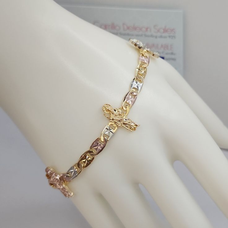 Beautiful Religious Bracelet Saint Jude Gold-Plated 3-Colors 18k 8"Inches Religious Horror, Gold Inspo, Western Bracelets, Womens Ankle Bracelets, Saint Jude, Real Pearl Earrings, Mexican Jewelry, Catholic Jewelry, Silver Plated Bracelet