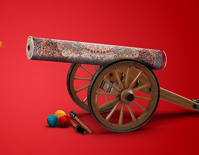 an old wooden cart with yarn and crochet on it, next to a red background