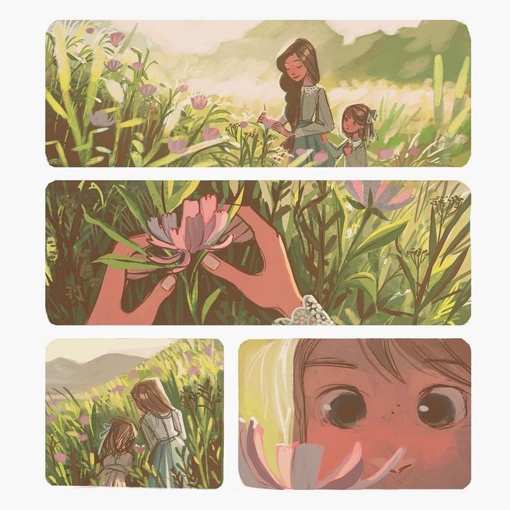 three different images of people in the grass with flowers and plants around them, one is holding