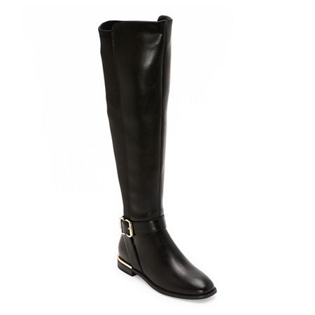 These elegant and stylish Liz Claiborne women's Jepson black boots are a versatile and statement-making choice for the cooler season. Made from a sleek and durable material with a rubber sole and memory foam insole, they feature an over-the-knee silhouette, a closed toe, a low heel offering comfort for all-day wear, and side buckles. Features: ComfortClosure Type: ZipperFootwear Technology: Memory Foam InsoleShaft Circumference: 14 1/2 InchesBoot Shaft Height: 19 3/4 InchesShoe Heel Height: 1 In Slim Calf Boots, Slim Calves, Boots Black, Liz Claiborne, Over The Knee Boots, Over The Knee, Low Heels, Knee Boots, The Knee