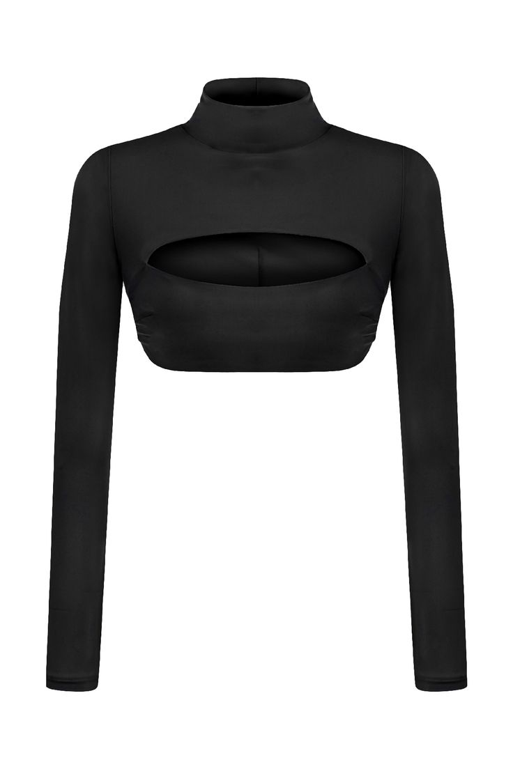 Elevate your style game with the long-sleeve, turtleneck, extra crop Eye Candy Top in Black featuring a daring cut-out detail on the chest. This unique piece is designed to make a bold fashion statement and add a touch of intrigue to your look. Whether you're going for a chic evening out or aiming to turn heads at a special event, this crop top is the perfect choice for showcasing your fashion-forward sensibilities while exuding confidence. Anna is 178 cm, with an 83 cm chest, 64 cm waist, and 9 High Stretch Long Sleeve Crop Top For Party, Long Sleeve High Stretch Crop Top For Party, Spring Long Sleeve Club Crop Top, Sleek Party Crop Top, High Stretch Black High Neck Crop Top, Long Sleeve Crop Top For Club, Chic Long Sleeve Crop Top For Night Out, Long Sleeve Crop Top For Club In Fall, Spring Night Out Cropped Sweater