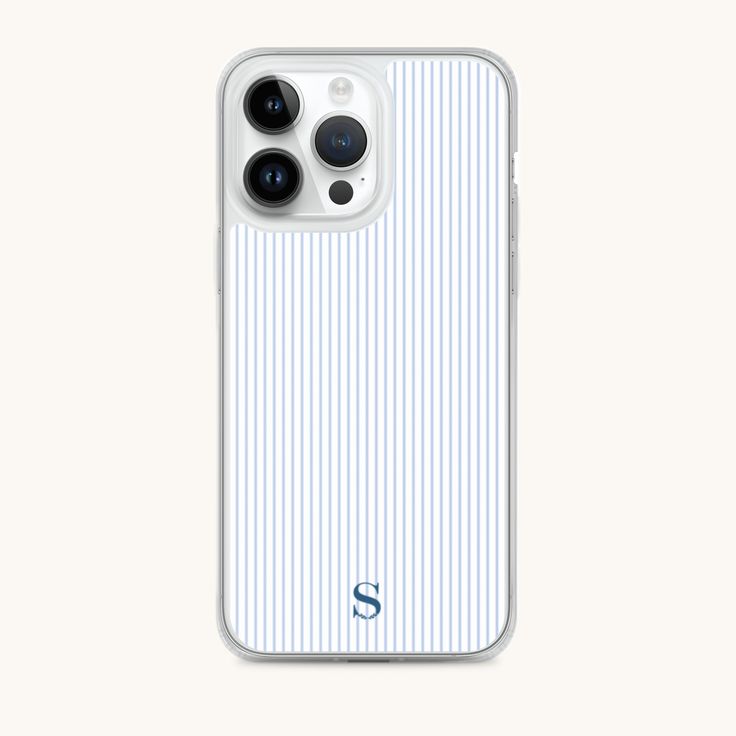 an iphone case with the letter s in blue and white pinstripe pattern on it