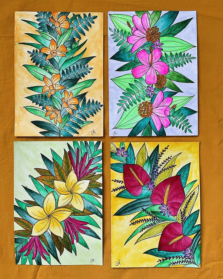 four paintings of flowers and leaves are shown on a yellow background, each with different colors