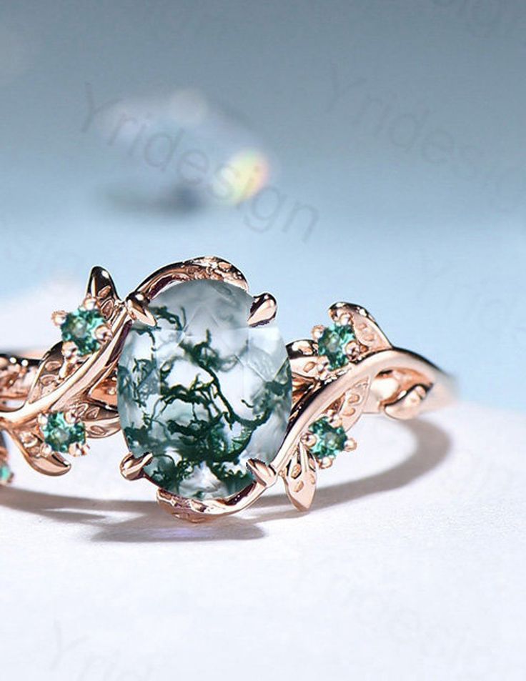 Natural Inspired Leaf Moss Agate Ring Set Cluster Emerald - Etsy.de Exquisite Green Round Jewelry, Nature-inspired Diamond Jewelry For Formal Occasions, Green Aquamarine Rings For Anniversary, Elegant Green Aquamarine Rings, Dainty Green Round Jewelry, Exquisite Aquamarine Wedding Jewelry, Oval Aquamarine Wedding Jewelry, Rose Gold Emerald Rings With Gemstone, Rose Gold Emerald Gemstone Rings