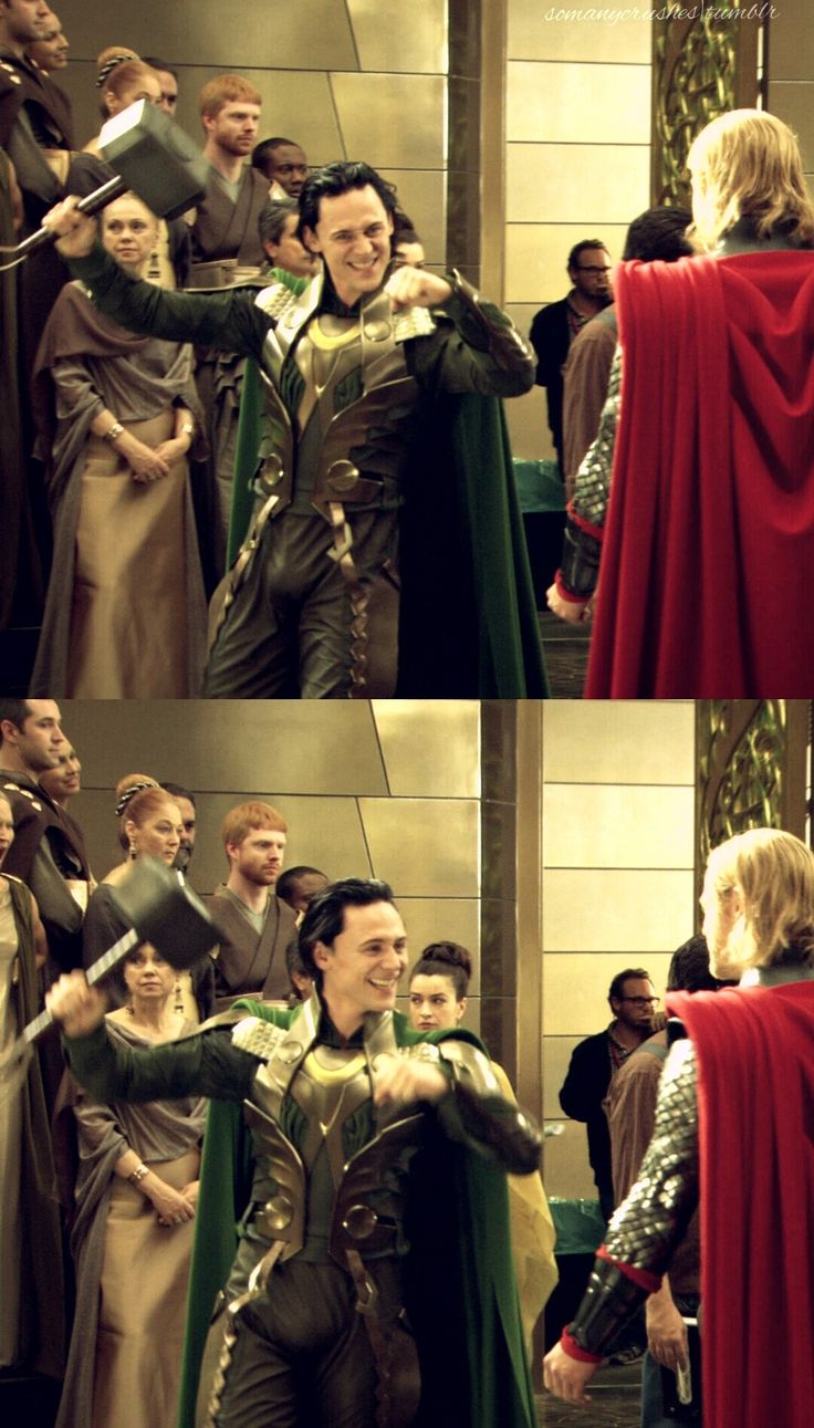 some people are dressed up as thor and loki in the avengers movie, one is holding his