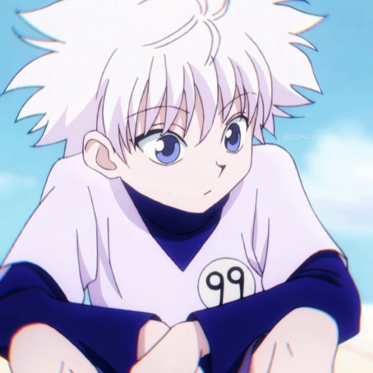 an anime character with white hair and blue eyes sitting on the ground in front of clouds