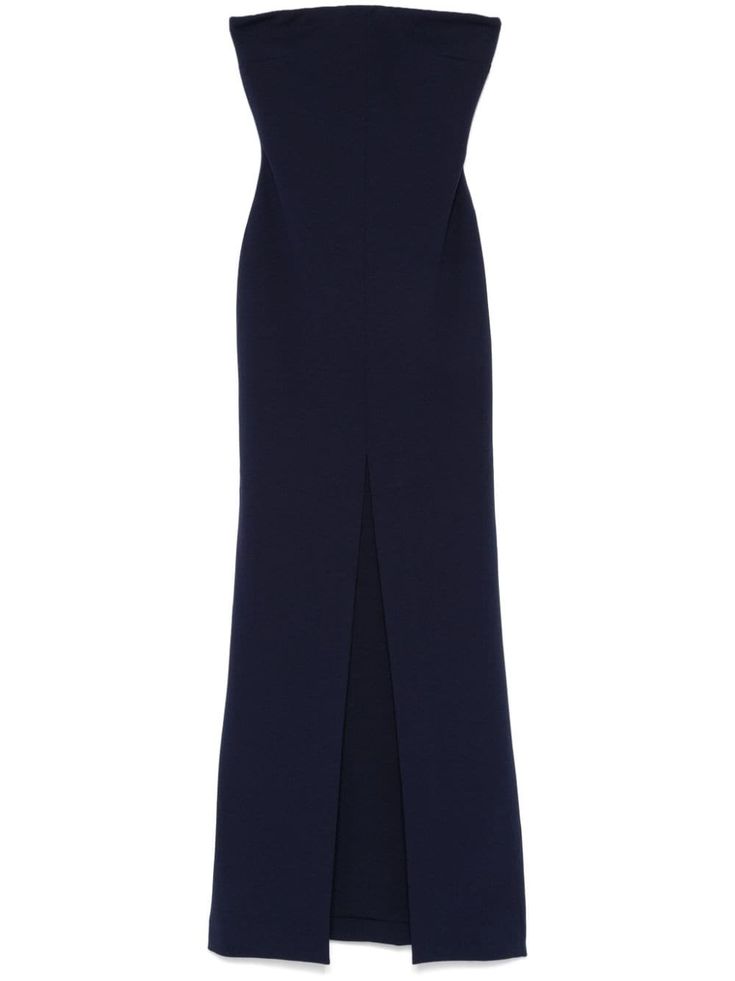 navy blue stretch-design crepe texture concealed rear hook and zip fastening strapless front slit full lining straight hem full-length Gown Blue, Solace London, Crepe Gown, Full Length Gowns, Wardrobe Edit, Ladies Of London, Stretch Crepe, Maxi Dress Blue, Denim Dress