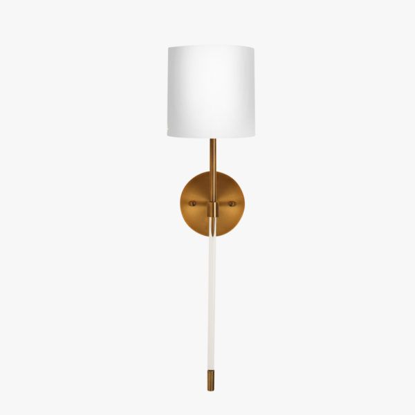 a wall light with a white shade on the side and a gold metal pole attached to it