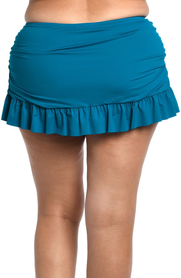 A ruffled hem makes these ruched bikini bottoms look like a sassy, supershort skirt perfect for a stroll along the beach. Full back coverage Lined 83% nylon, 17% elastane Hand wash, line dry Imported Women's Clothing Bandeau Tankini, Skirted Swimsuit, Swimsuit Material, Halter Tankini, Summer Swimwear, Capri Blue, Swim Suit Bottoms, Slim Fit Pants, Swim Bottoms