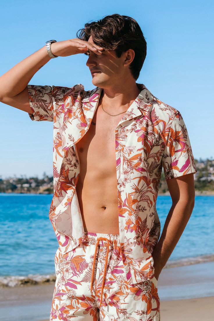 Elevate your summer style with our Coral Flower Tropical Button-Up Shirt for men. The vibrant print exudes tropical vibes, making it an ideal choice for both casual and beach-ready looks. Product code: CBA12A4A002DK Features:  Woven  Collared neckline  Short sleeves  Front buttons  Regular fit Pattern: Tropical Wash Method: Hand Wash Material: 100%POLYESTER. Short Sleeve Summer Vacation Shirt, Summer Hawaiian Printed Button-up Shirt, Collared Hawaiian Shirt With Floral Print For Summer, Beach Season Printed Button-up Shirt, Summer Hawaiian Button-up Shirt For Vacation, Summer Vacation Hawaiian Button-up Shirt, Summer Beach Shirt With Short Sleeves, Summer Vacation Shirt With Collar, Short Sleeve Beach Shirt For Summer